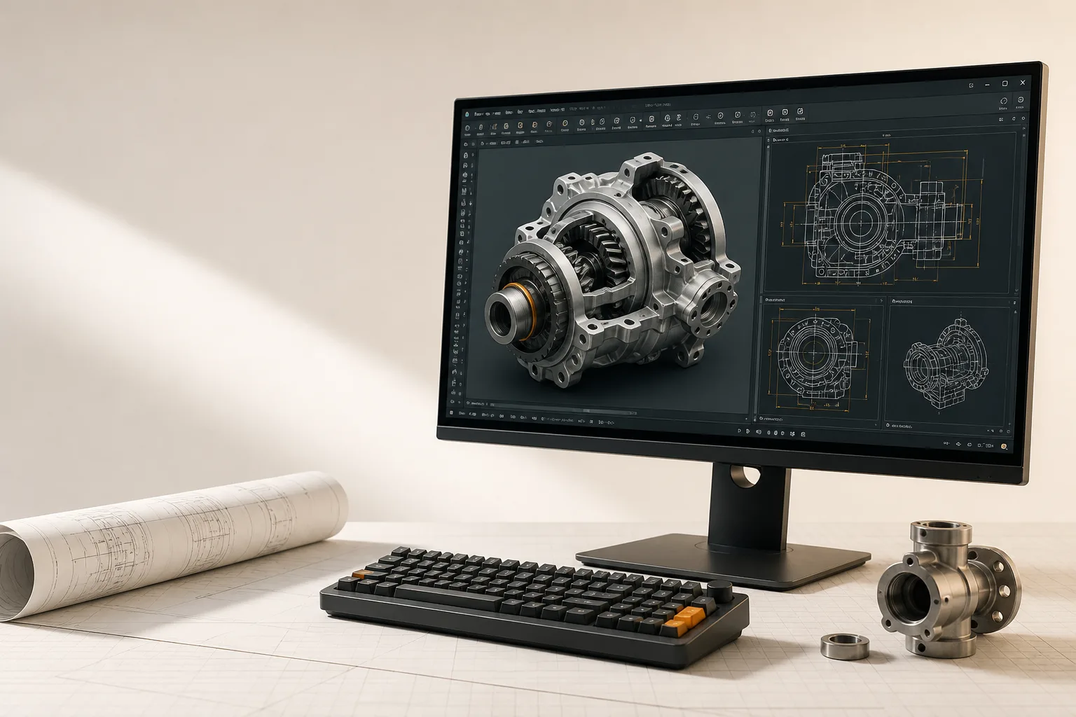 Workstation engineering dengan model CAD 3D dan drawing teknik